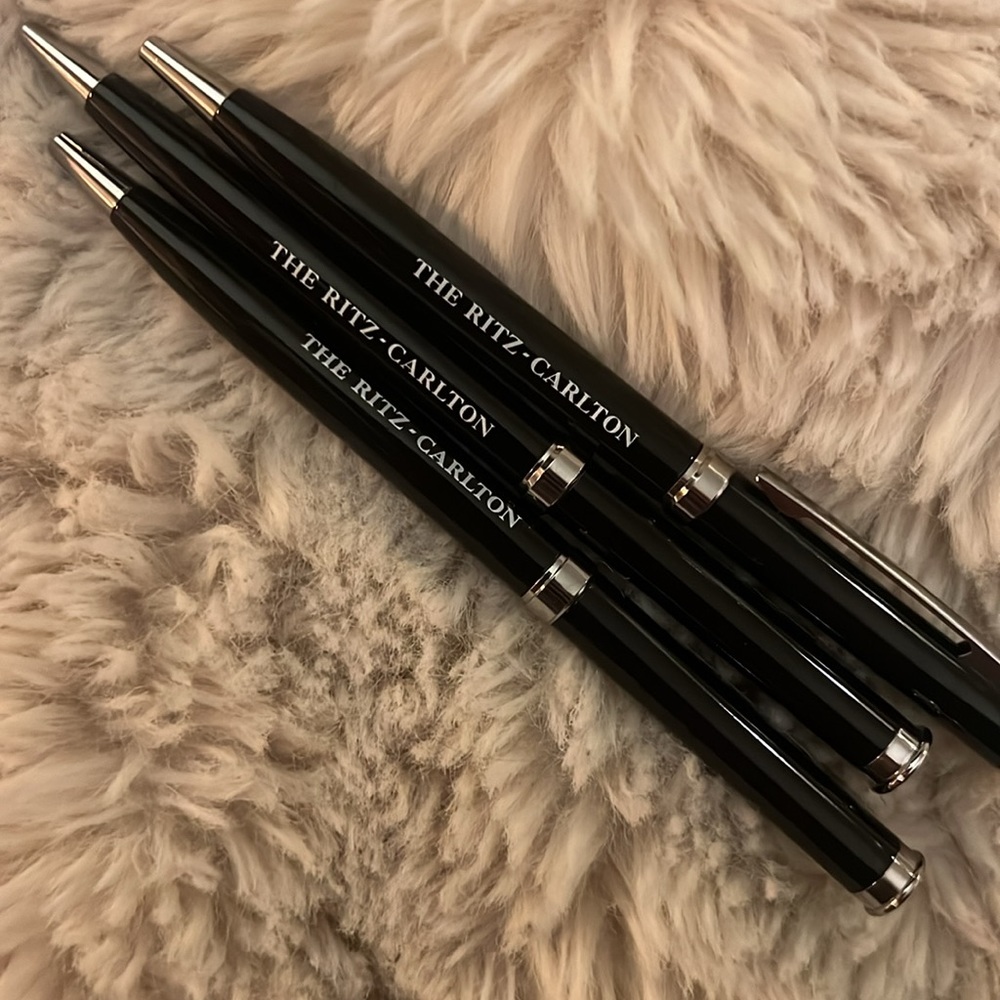 NEW - THREE Ritz Carlton black ball point twist metal Pens - excellent condition
